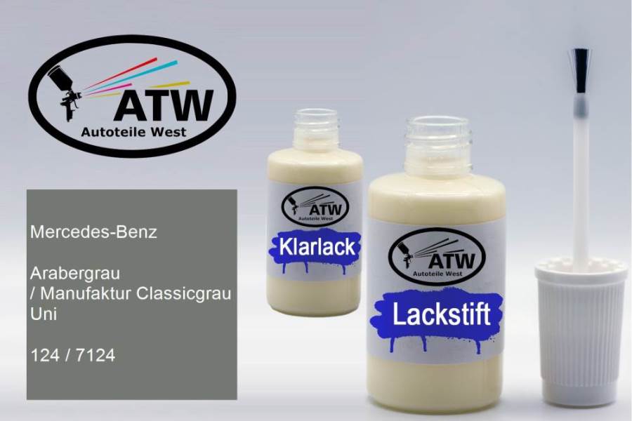 Mercedes-Benz, Arabergrau / Manufaktur Classicgrau Uni, 124 / 7124: 20ml Lackstift + 20ml Klarlack - Set, von ATW Autoteile West.